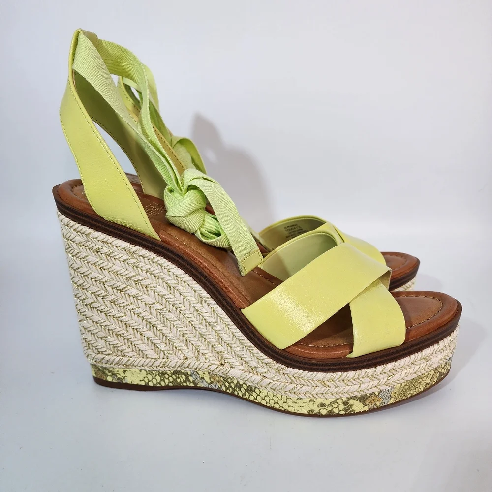 Vince Camuto Pharrah Yellow Green Leather Ankle Tie Espadrille Platform Heels